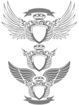 Racing emblem with engine, wings and ribbon Stock Illustration