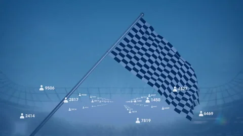 Racing flag rippling while floating user icons updating numbers to show Stock Footage 312770781