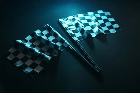 Racing flags on dark turquoise background, closeup Stock Photos