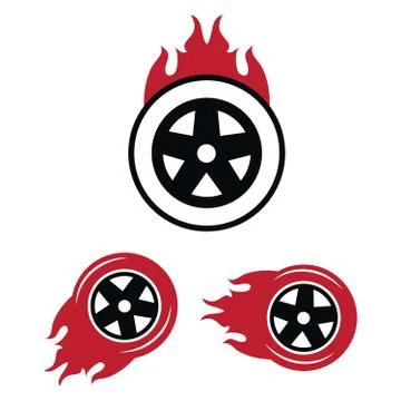 Racing flat labels set. Blaze and flash logo, auto transport, flame tire. Rac Stock Illustration