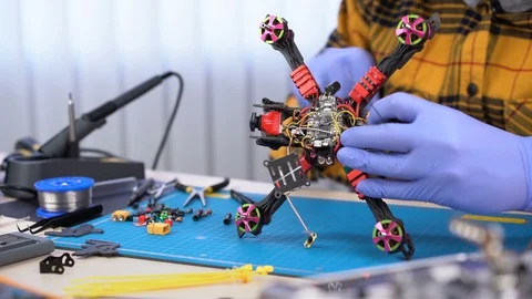 Racing fpv drone building, custom drone modelling, maintenance, repair center Video stock 108653133
