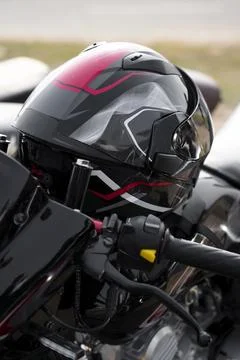 Racing Helmet Mounted on High-Performance Sports Bike Stock Photos