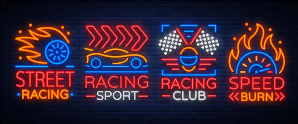 Racing neon logos pattern. A glowing sign on the theme of the races. Neon signs Illustrazione stock