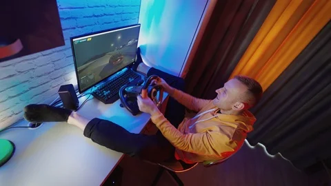 Racing simulator with a steering wheel.  Stock Footage 125894665