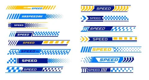 Racing stripes, strips arrows with Speed text, race flag, blue, yellow white Stock Illustration