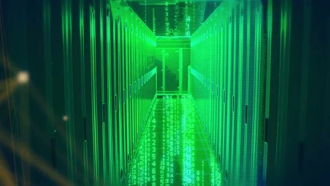 Rack aisle showing numeric code starting and receding while golden overlay Stock Footage 333351070