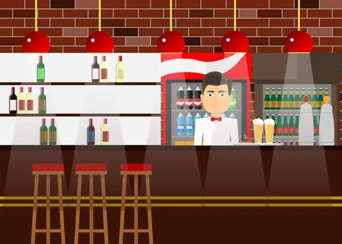 Rack bar with a barman, alcohol, drinks. Bar counter. Stock Illustration