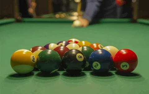 Rack of Billiard Balls on Pool Table Stock Photos