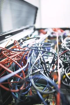 Rack, cables or hardware equipment in server room for database storage, clo.. Stock Photos