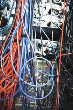 Rack, cables or hardware equipment in server room for database storage, clo.. Stock Photos