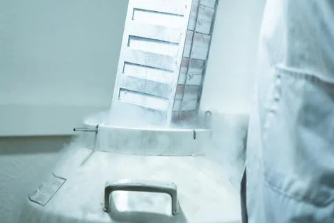 Rack with cells inside a liquid nitrogen cryogenic tank at life sciences labo Foto stock