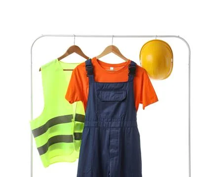 Rack with construction worker's uniform on white background Stock Photos