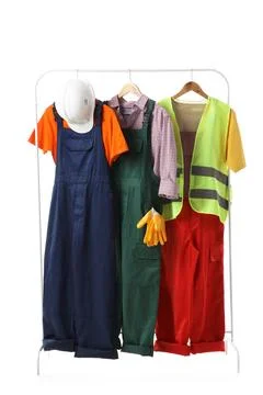 Rack with construction worker's uniform on white background Stock Photos