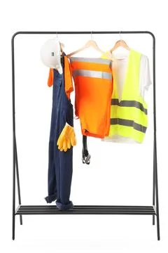 Rack with construction worker's uniform on white background Stock Photos