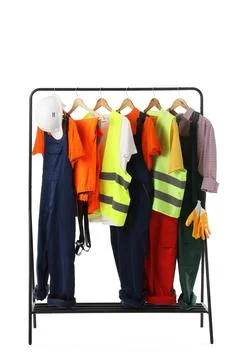 Rack with construction worker's uniform on white background Stock Photos