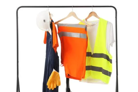 Rack with construction worker's uniform on white background Stock Photos