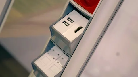Rack contains internet sockets, an HDMI port, two USB ports and 220-volt sockets Stock Footage 333394901