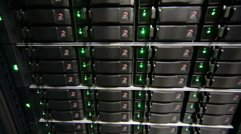 Rack of data server with many hard drives and LED lamps Stock Footage 31209308