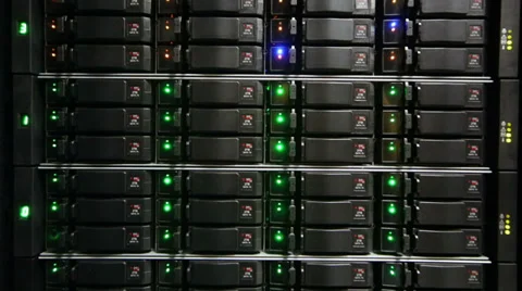 Rack of data server with many hard drives and LED lamps blinks Stock Footage 31209365
