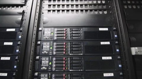 Rack of data server with many hard drives (closeup view in motion) Stock-Footage 116244270