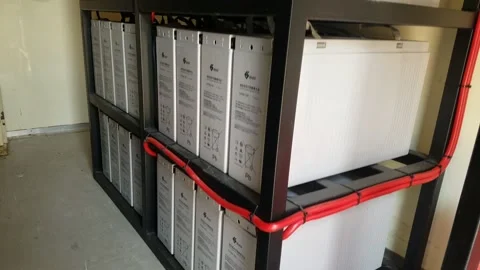 Rack of deep cycle batteries used as a back up power supply. HD 4K 库存影片 142029453