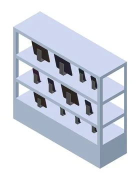Rack with digital devices, tech shop, store of mobile phones, tablets Stock Illustration