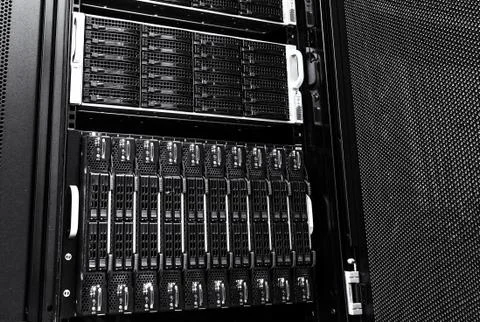 Rack disk storage in a modern data center. black and white Foto stock