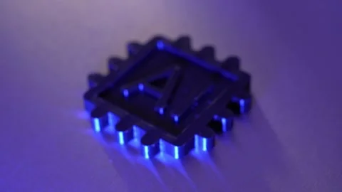 Rack Focus on AI Processor Microchip in Purple Neon Light Stock Footage 348003401