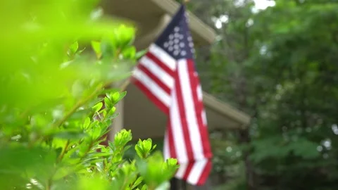 Rack Focus of American Flag and Bushes Video stock 134352484