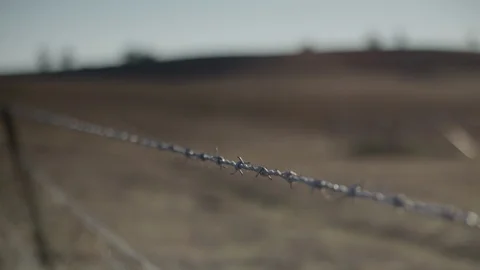 Rack focus from a barbed wire fence to a dry, barren farm paddock 動画素材 127222996