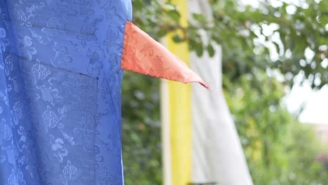 Rack focus between flags in slow motion at temple in Nepal Video stock 91135968