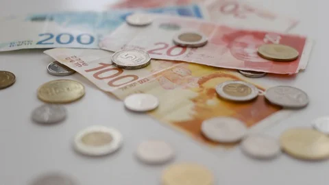 Rack focus from bills to coins close to camera - Israeli money / shekels Stock Footage 109493799