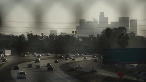 Rack Focus from Chain Link Fence to Downtown Los Angeles 動画素材 78076599
