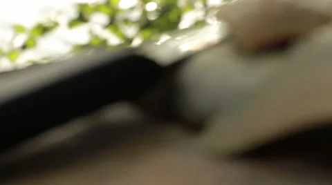 Rack focus close-up shot of perch fillets with filleting knife outdoor shot Stock Footage 54540793