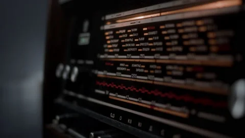 Rack focus close up view of old vintage radiolla with city inscription in Stock Footage 236724149