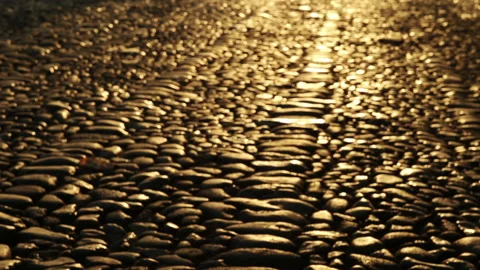 Rack focus of cobblestone street at sunset 動画素材 191307619