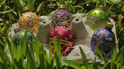 Rack Focus On Decorative Easter Eggs In Grass (Pysanky or Pisanka) Stock Footage 50613559