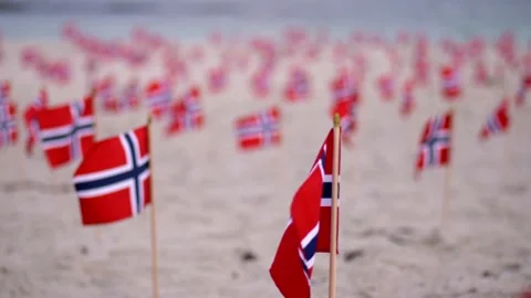 Rack focus front to back across many Norway flags on sandy beach blowing Stock Footage 133850831
