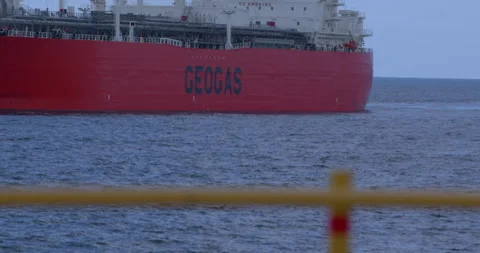 Rack Focus to Geogas LPG Tanker Vessel with Red Hull Stock Footage 346138836
