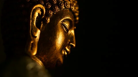 Rack focus on gold and silver seated Buddha statue against black background Stock Footage 65791076