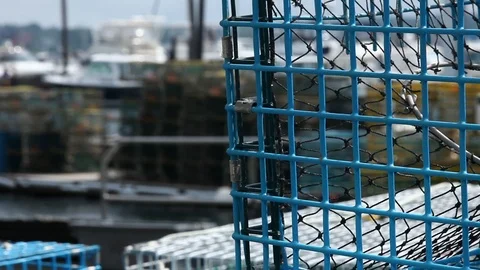 Rack Focus of Lobster Traps on Dock, One Trap in Foreground Stock Footage 127255231