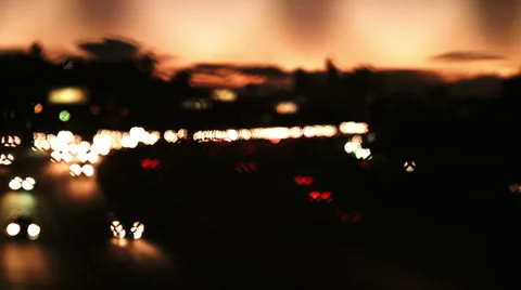 Rack Focus of Los Angeles Freeway and Skyline at Sunset Stock Footage 61112889
