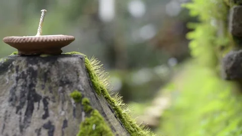 Rack focus moss and candle in temple. 스톡 동영상 79748607