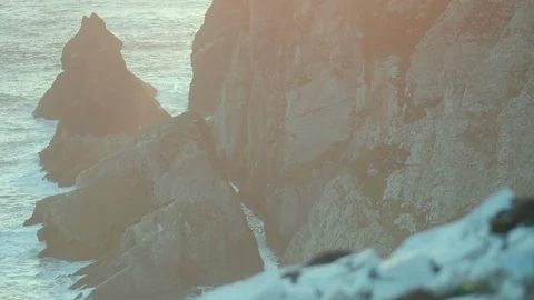 Rack Focus Ocean Cliff Metamorphic Rocks Stock Footage 86154731
