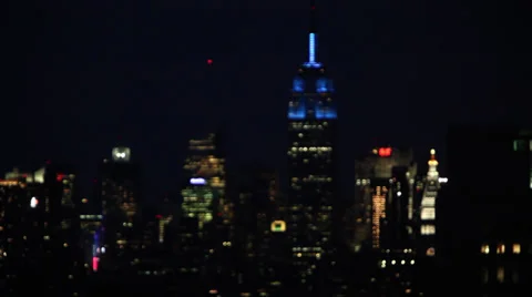 Rack Focus Pan of New York Night Manhattan Downtown Skyline Stock Video Stock Footage 36190080