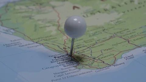 Rack focus from pin to australia map in perth Stock Footage 82954487