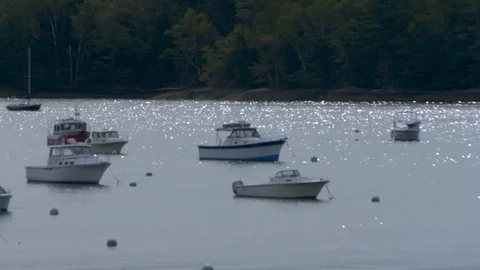 Rack focus on power boats in a pristine Maine harbor with glittering water. Stock Footage 127005420