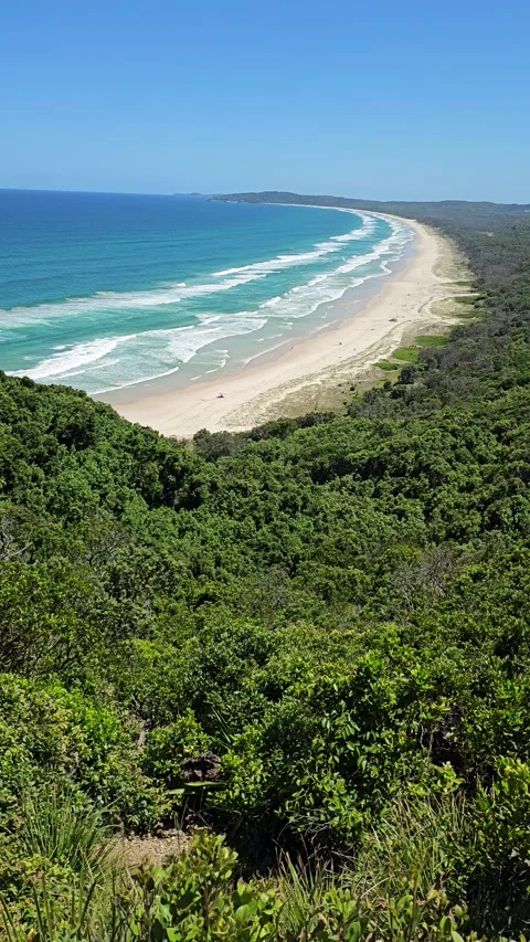Rack Focus from Railing to Tallow Beach, Byron Bay, Australia – Vertical 8K Stock-Footage 299044138