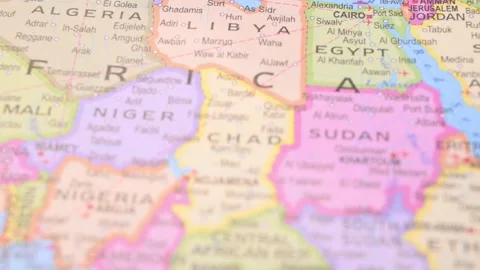 Rack Focus Revealing Chad on World Political Map 5.4K Horizontal Stock Footage 330209802