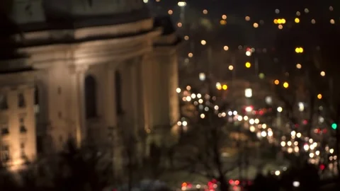 Rack Focus Reveals Sofia University Rectorate Facade at Night Stock-Footage 342314092